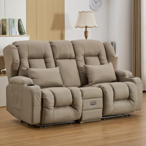 Image of IPKIG 67 inch RV Loveseat Double Recliner Sofa with FILP Back Console, Storage Drawer, Side Pockets, Lychee Pattern Tech Fabric Manual Reclining Chair Home Theater Seating (Khaki)
