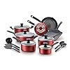 T fal Initiatives Nonstick Cookware Set 18 Piece Oven Broiler Safe 350F Kitchen Cooking Set w Fry Pans Saucepans Saute Pan Dutch Oven Griddle Pots and Pans Home Dishwasher Safe Red