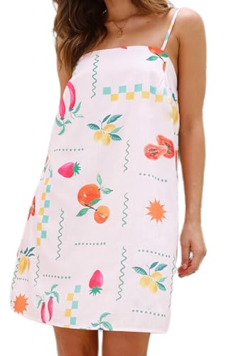 Image of NUFIWI Women Boho Graffiti Cami Mini Dress Spaghetti Strap Printed A Line Short Dress Backless Cut Out Colorful Sundress