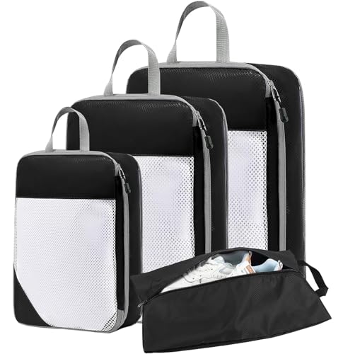 Image of House of Quirk Polyester Compression Packing Cubes for Travel, 4 Set Organizers, Compressible Essentials (Black)