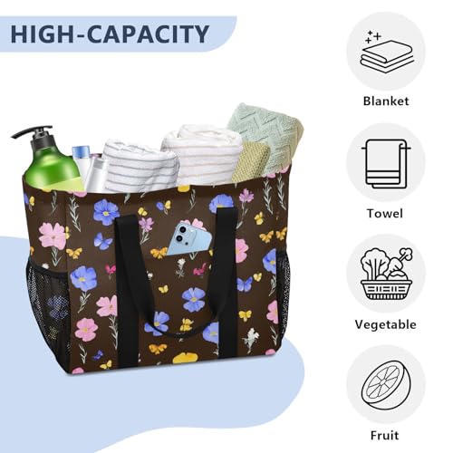 JUNZAN Cute Florals in Black Utility Bag Foldable Tote Bag For Beach With Pockets Resuable Grocery Bags with Handles Laundry Bag Travel 6