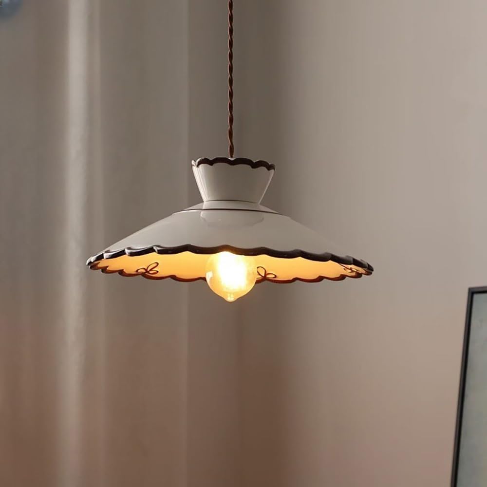 COSRUB Retro Ceramic Pendant Light Fixtures, Cream Scalloped Hanging Lamp with Brown Wave Nordic Farmhouse Porcelain Chandelier for Kitchen Island Bedside(24.5cm/9.64in)