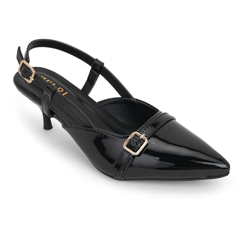Image of Women's Pointed Toe Kitten Heels, Elegant Glossy Patent Leather Slingback Pumps with Adjustable Buckle Strap, 2-Inch Pencil Heel Sandals