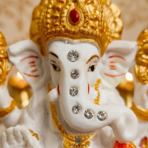 Image of Marble Finish Lord Ganesh Idol for Home Temple | Ganpati Bappa Murti with Stone Work | Ganesh Ji Statue for Puja Room, Office Desk, Car Dashboard | Diwali Gift, Housewarming Decor