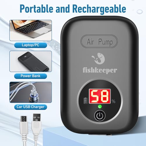 Image of Battery Powered Aquarium Air Pump Quiet, Portable USB Rechargeable Fish Tank Bubbler with Accessories, for 5-80 Gallon, Display Battery Level, Aerator for Fish, Outdoor, Power Outages (2W)