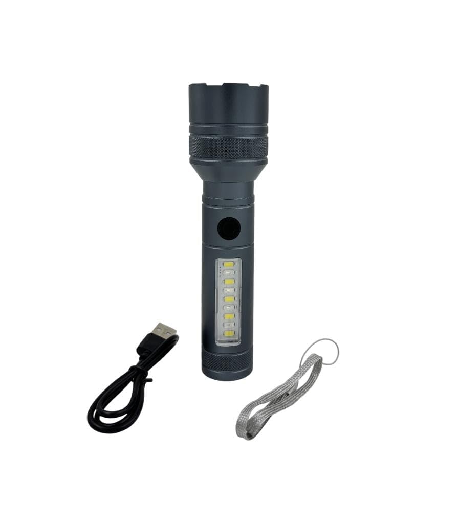 Image of RL-M41 100W+100W Metal Torch Light | Super Bright LED Flashlight with 7 Light Modes, Type-C Charging & Telescopic Zoom | Long Distance Range for Outdoor & Emergency Use (Grey)