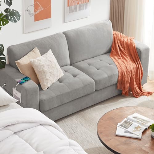 Image of Ihanherry Modern Sofas 2-Seater Couches for Living Room, Chenille Sofas with Extra Large Seat Width & Depth, USB /Type-C Charging Port & Side Pocket, Removable Medium Firm Sofa Cushion(89inch, Grey)