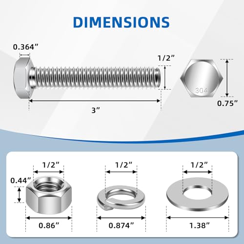 Image of Mellewell 1 /2-13 x 3 Hex Head Bolts with Hex Nuts and Thick Flat & Lock Washers, Fully Threaded, Stainless Steel 18-8, Plain Finish, 2 Sets