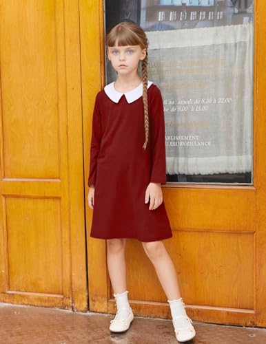 Image of Arshiner Girls Long Sleeve Vintage Peter Pan Collar T-Shirt Dress Age 4-13 Years