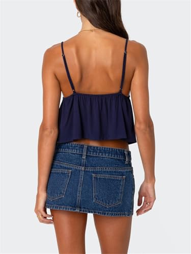 Women Y2k Flowy Ruffle Hem Cami Tank Top Casual Solid Color Deep V Neck Sleeveless Peplum Camisole Summer Beachwear4