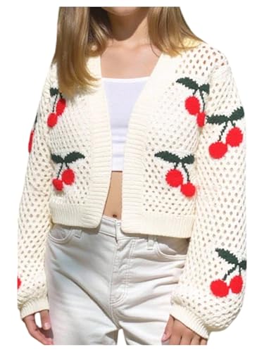 OYOANGLE Girl's Hollow Out Crochet Cardigan Sweater Cherry Embroidery Open Front Lightweight Knit Shrugs
