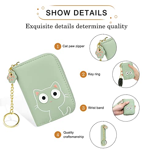 Image of CONISY Cute Small Women Credit Card Holder Wallet with Keychain Wristlet (green cat)