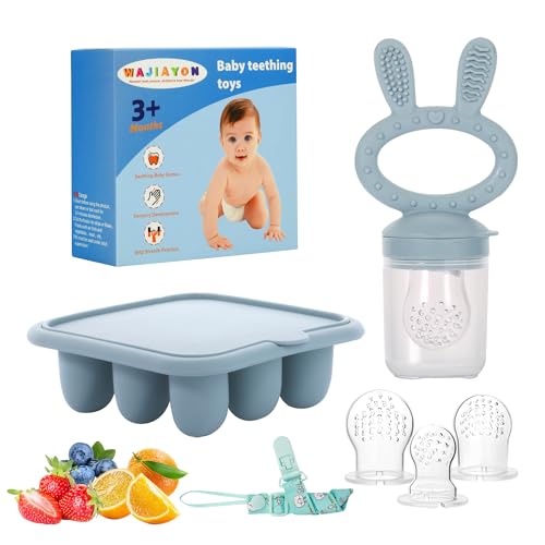 Image of WAJIAYON Baby Breastmilk Popsicle Molds & Baby Fruit Feeder (2 Pack), Baby Food Freezer Tray Storage Containers, Silicone Teething Pacifier Feeder and Teether for Babies,Baby Feeder - Blue