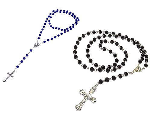 CReshaWomen's and Men's Hip Alloy Acrylic Bead Rosary Pray Hand Jesus Cross Pendant Necklace (Small Blue Pearls and Small Black Pearls) in Combo 2