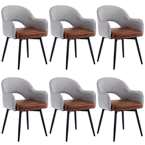 Duomay Modern Swivel Dining Chairs Set Of 6, Linen & Faux Leather Upholstered Accent Side Chair, Home Office Desk Chair With No Wheels For Dining Room Living Room Office, Light Grey #TOP24