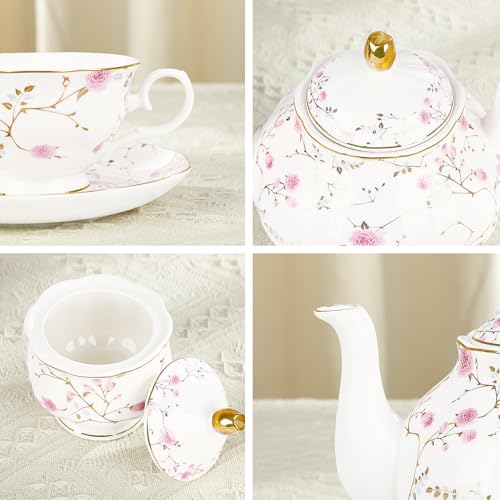 Juego de té de porcelana británica de 21 piezas con flores rosas para 6 personas de fanquare 5
