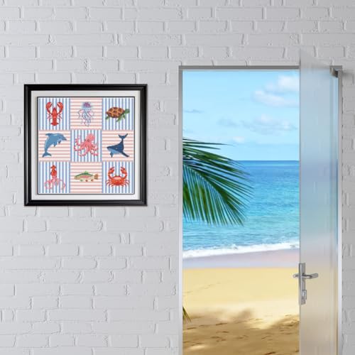 Image of FREEBLOSS 11CT Cross Stitch Kits Striped Sea Animal Stamped Embroidery Kits with Instruction Cross Stitch Wall Hanging Kit for Needlepoint Adults Wall Art Decoration 18 * 18in /45 * 45cm