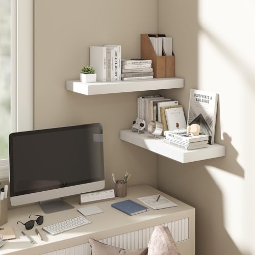 Image of Dreamland White Floating Shelves for Wall,8 Inch Deep Floating Shelves,24 inch W x 8 inch D Wall Shelves for Bedroom,Living Room,Kitchen,Bathroom,Set of 2