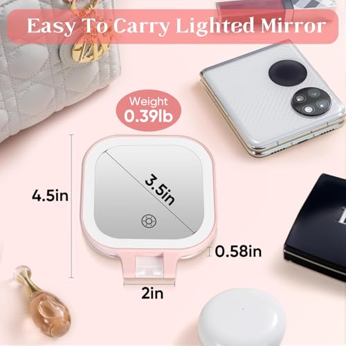 FASCINATE Rechargeable Travel Makeup Mirror 30X Magnification, 3.5" Lighted Portable Vanity Mirror with 3 Colors Lighting & Stepless Dimming, Double Sided LED Mirror, Gift for Women (Pink) — view 2