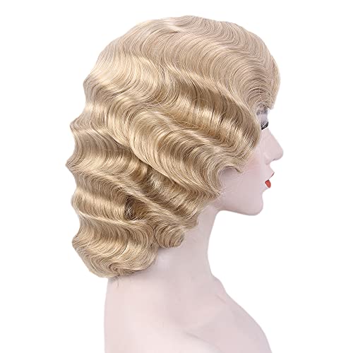 R REEWES FASHION HAIR Long 1920s Finger Wave Curly Short Wig Vintage Synthetic Heat Resistant Full Wigs for Women Cosplay Costume Fancy Dress with Wig Cap (Blonde) - Image 3