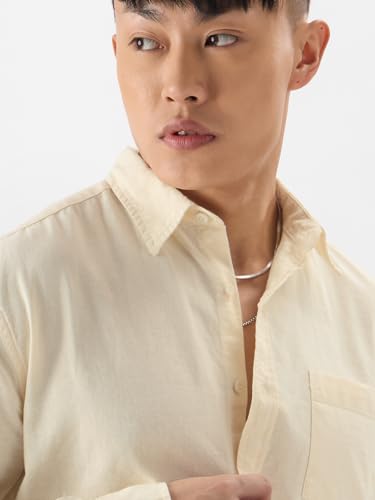 Image of The Souled Store Solid Linen: Beige Color Men and Boys Regular Outdoor Fit Full Sleeve Collared Neck Spread Collar Casual Wear Stylish Comfortable Premium Elegant Cotton Shirts