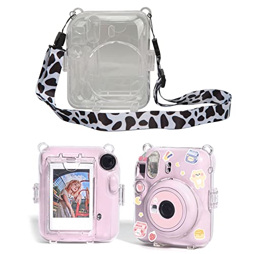 Yoidesu Protective Camera Case for Fujifilm Mini 12, Clear PC Hard Case with Photo Storage Compartment, Shoulder Strap, Sticker, Instant Camera Protective Cover (Milk Cow)
