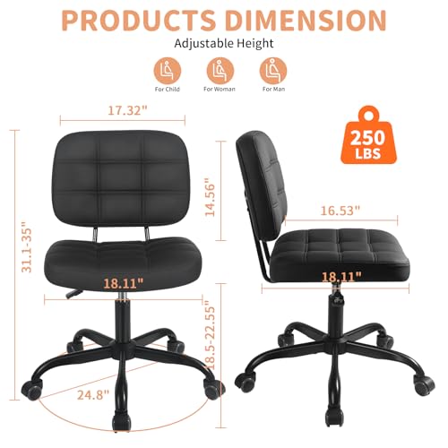 Image of Armless Home Office Desk Chair - Small Swivel Office Desk Chairs with Rolling Wheels - Height Adjustable PU Leather Computer Chair with Comfy Low Back - For Small Space, Bedroom, Home, Vanity - Black | SGS Certified Gas Lift, Adjustable Height, 250lb Weight Capacity, PU Leather, Quiet Wheels, Fits Under Desk, 6 Color Options