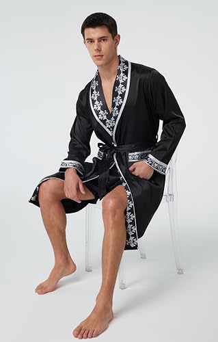 Image of TONY AND CANDICE Men's Satin Robe Lightweight Long Sleeve Silk Kimono Bathrobe with Shorts Set Sleepwear