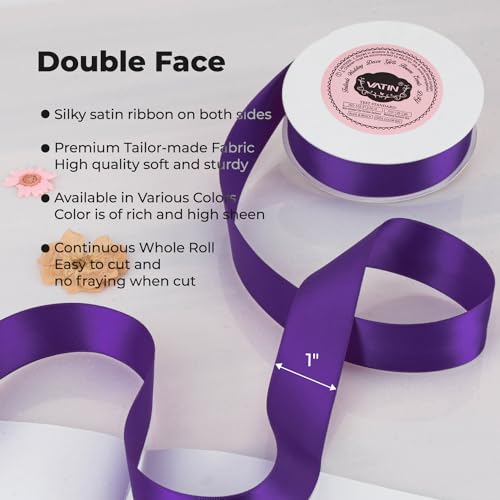 VATIN Double Face Bright Purple Satin Ribbon 1" Continuous 25 Yards,Purple Polyester Fabric Ribbon use for Bows Bouquet, Gift Wrapping, Floral Arrangement Wedding Decoration