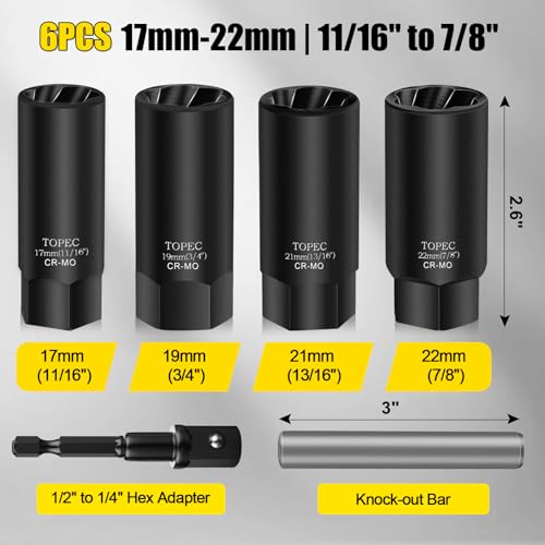 Image of Topec 6PCS Deep Lug Nut Removal Tool, 1 /2 inch Drive Lug Nut Extractor Set, 17,19,21,22MM Wheel Lock Removal Kit, Spark Plug Extractor Socket Set for Stripped, Rounded, Damaged Bolts & Studs
