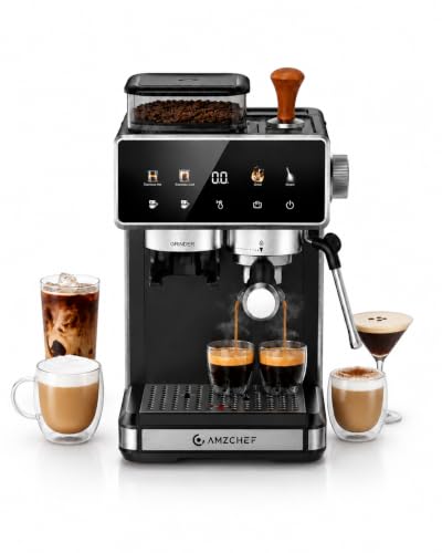 Image of AMZCHEF Espresso Machine with Grinder, Latte & Cappuccino for Home Use | 20 Grind Settings, Built-In Grinder, Hot & Cold Brew, 30s Heat-Up, 3 Temps, 3-10s Pre-Infusion, Milk Frothing, Compact Design