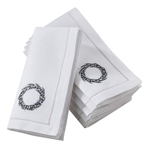 Handmade Lavender Wreath Embroidery Napkin with Hemstitched Border (Set of 6)