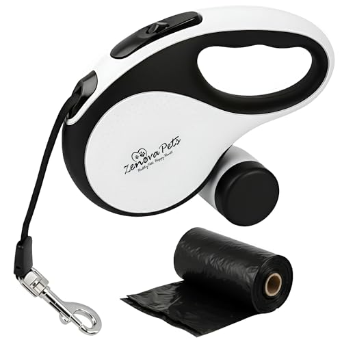 Zenova Pets Hundeleine 5 m – Rollleine mit Kotbeutelhalter – Ausziehleine für Hunde jeder Größe – Laufleine mit 360° Nylonband, Anti-Rutsch-Griff & Schnellbremsknopf – Leine für Hunde bis 30 kg