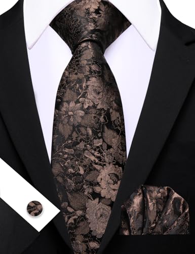 Image of Barry.Wang Flower Ties for Men Handkerchief Cufflinks Set Wedding Necktie Set Party
