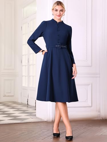 Women's A-Line Church Dress Long Sleeve Mock Neck 2025 Fall Vintage Work Flare Dresses2