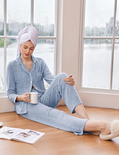 Ekouaer Women's Pajama Sets Long Sleeve Sleepwear Comfy Button Down Nightwear Long Pants Pjs Lounge Set with Pockets S-XXL3