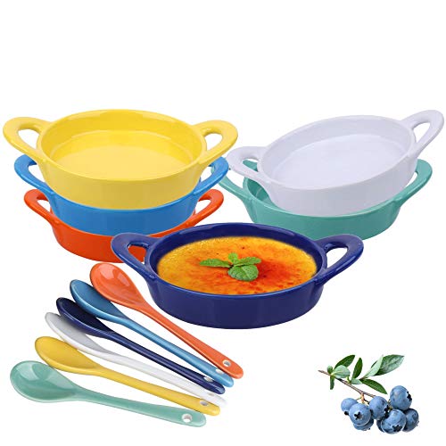 Souffle Dish Ramekins for Baking â€“ 5 Ounce (Set of 6, Assorted Colors with 6 Extra Spoons), Half Cup Ceramic Oven Safe Round Bowl for Dessert Souffle Condiment Sauces Dip Dressing Custard Cup