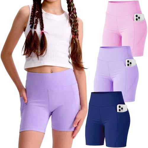 SKIDREAM 3 Pack Girls 4 Biker Shorts with Pockets High Waisted Athletic Running Yoga Shorts for Kids Teen