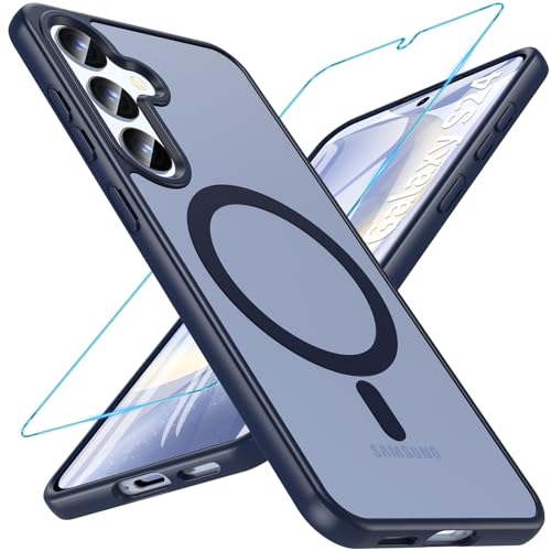 Image of OWKEY for Galaxy S24|S25 Case 6.2'',Magnetic Samsung Galaxy S24 /S25 Case for Magsafe with Tempered Glass Screen Protector, [Shockproof Military] Translucent Back Slim Bumper Cover S24 S25 Case, Blue