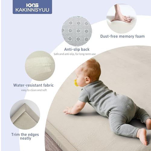 Image of 2 Inch Thick Baby Play Mat for Floor, Memory Foam Tummy Time Mat with Non-Slip Backing, Soft Micro Flannel 79X71nch Playpen Carpet Crawling Tatami for Infants Toddlers Kids, Beige