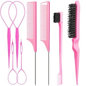 Aigee 8Pcs Hair Styling Combs Set Include 4Pcs Topsy Hair Tail Tools 2 Styles of Rat Tail Comb,1Pcs Bristle Teasing And Slick Back Hair Brush,1Pcs Edge Control Brush,Eyebrow Brush for Woman Girl Pink