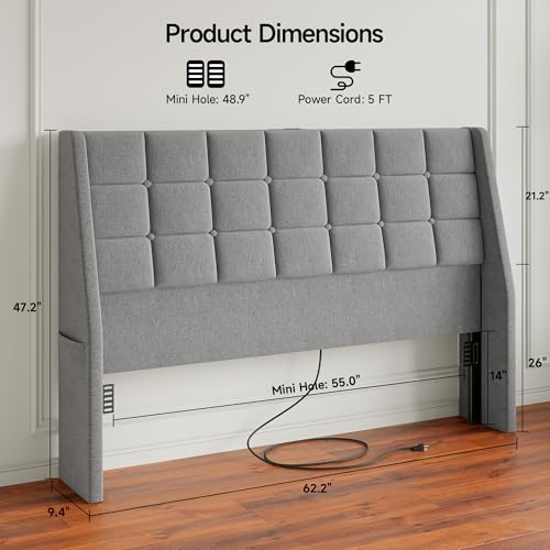 Image of Queen Size Headboard with Charging Station, Wingback Ergonomic Headboards | Wingback Upholstered Bed Head Board with Storage Pocket, Sturdy Stable Solid Wood Headboard, Bed Frame Adapters, Light Grey