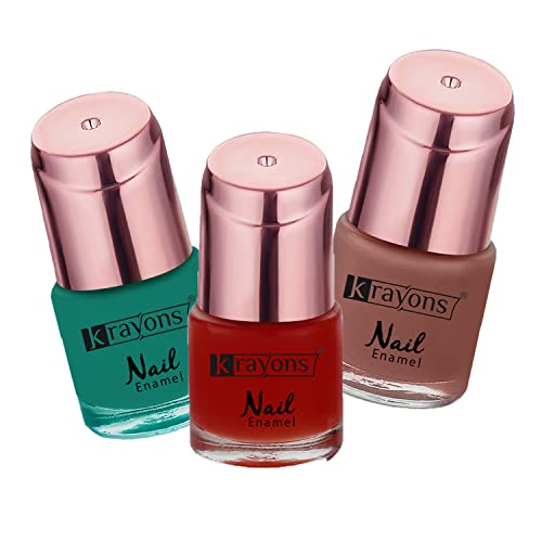 Image of Krayons Crazy Gel Nail Enamel, Waterproof, Longlasting, 8ml Each, Multicolor, Pack of 3 (Romantic Nude, Apple Red, Diamond Green)