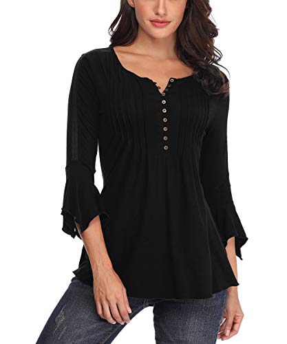 Bell Sleeve Tops for Women Button Down Pleated Front Henley Shirts Lace Insert Peasant Blouses Black-XSmall