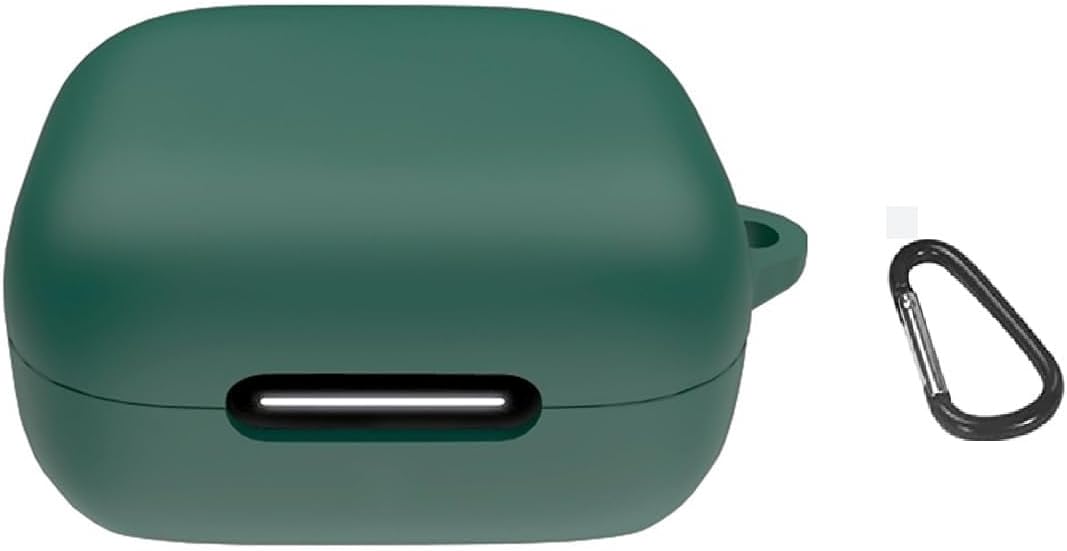 Green silicone protective case for Anker Soundcore R50i NC earbuds with an attached carabiner clip.