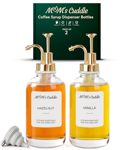 Coffee Syrup Dispenser 16.9 Oz (500ml) - Glass Syrup Dispenser for Coffee Bars with Golden Pump, 20 Labels & Silicone Funnel, Premium Quality Glass Bottles - Pack of 2