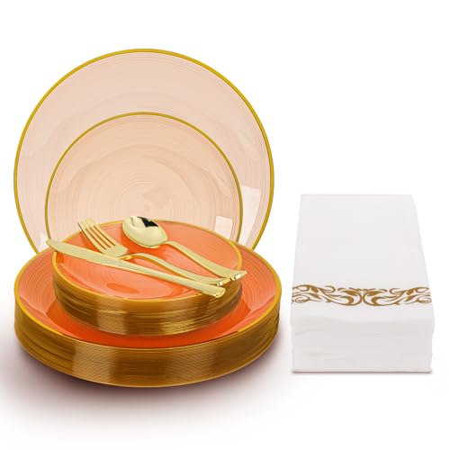 N9R 180PCS Orange Plastic Plates with Gold Trim Disposable Party Dinnerware Set for 30 Guests Include 30 Dinner and Salad Plates Napkins Forks Spoons Knives Perfect for Wedding Dinner Party