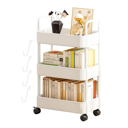 Carrito rodante de metal con ruedas y ganchos, organizador de carrito utilitario de 3 niveles para almacenamiento de baño y cocina, estante móvil en color negro, 37 x 25 cm
