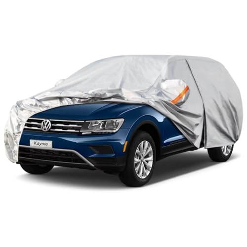 Kayme SUV Car Cover Fit for Volkswagen Tiguan (2009-2015) Automobiles All Weather Waterproof, Outdoor Cover Sun Rain Protection, with Lock and Zipper Door.Silver Silver Custom Fit Volkswagen