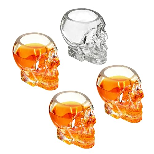 REUJIHXY 4Pcs Skull Shot Glasses Set 3.3 oz Mini Clear Bulk for Wedding Party Whiskey Espresso Water Juice Milk Coffee Drinking Skull Glass Cups For Halloween Theme parties Bars (4 Small)